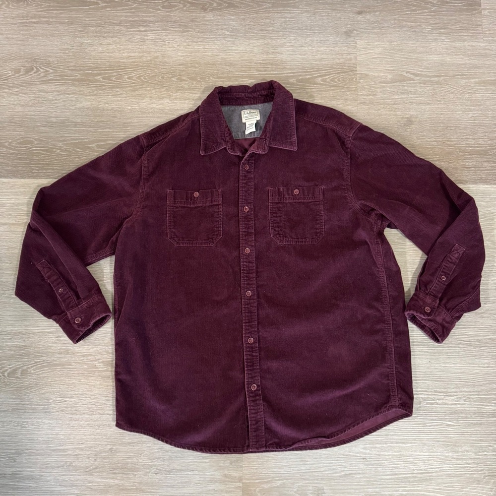 LL Bean Corduroy Shirt Mens XL Burgundy Organic Cotton Traditional Fit 505637